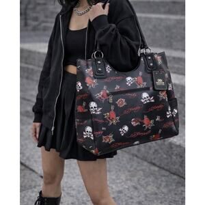 Ed Hardy Black Tattoo Print Tote Bag NWT Skull Rose Y2K Goth Purse